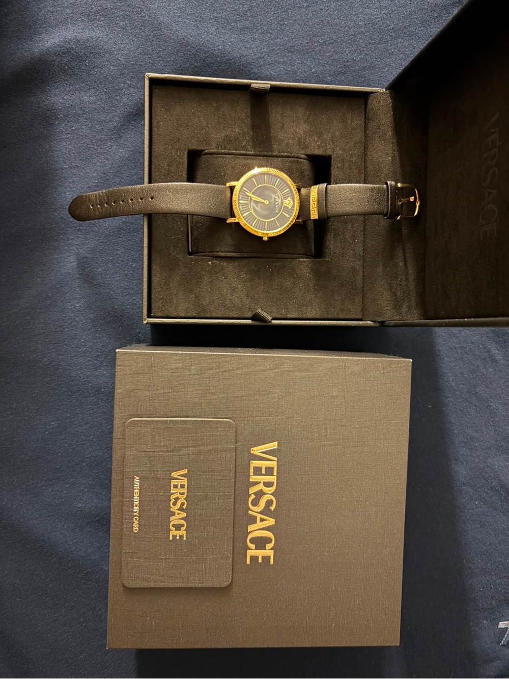 Versace Black and Gold Classic Leather Strap Watch